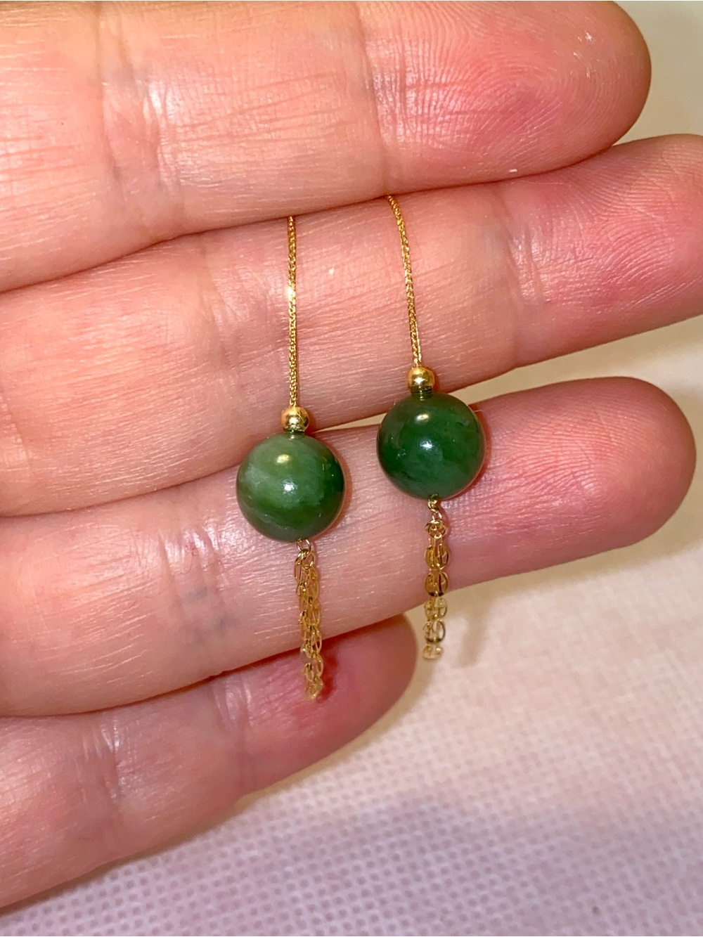 18K Gold Green Jade Bead Threader Earrings